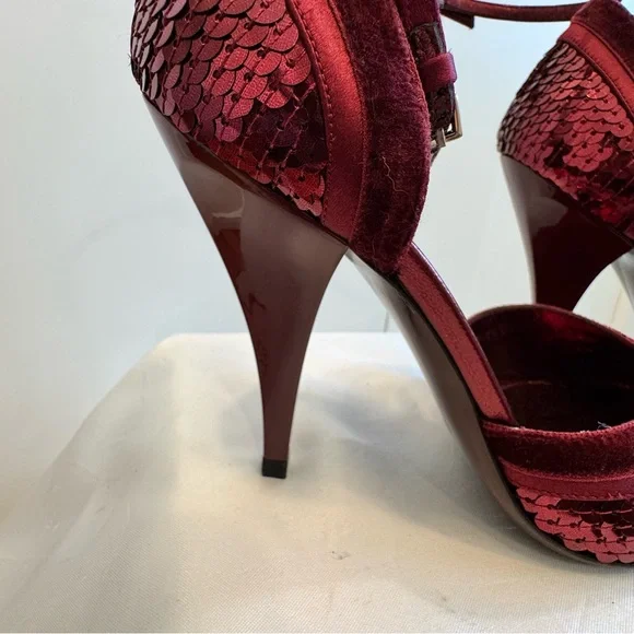 Rare Gucci Broadway Bordeaux Burgundy Velvet Sequins Clutch and Heels Set 6.5 - Picture 9 of 16